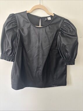 H&M Black Faux-Leather Puff Sleeve Blouse